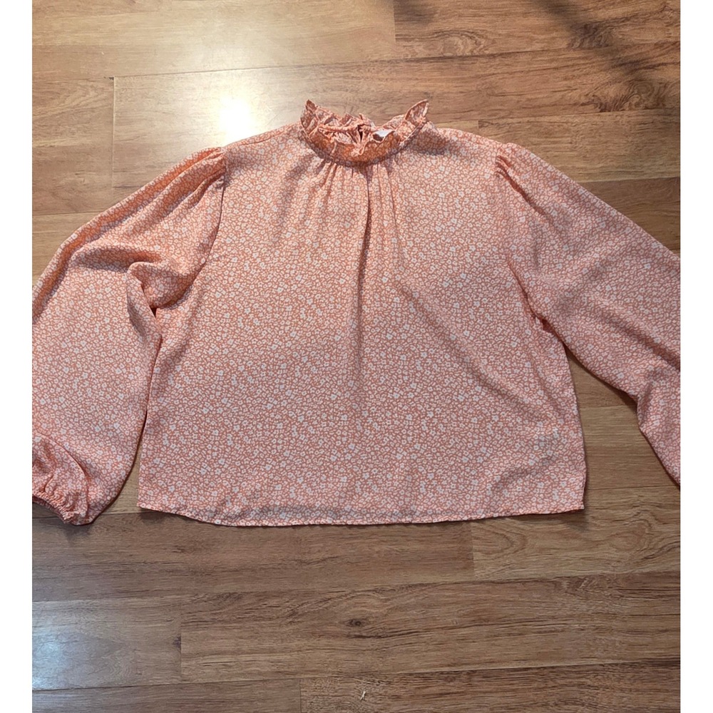 BB Dakota Steve Madden Peach Floral Ruffle Neck Blouse Long Sleeve Orange L